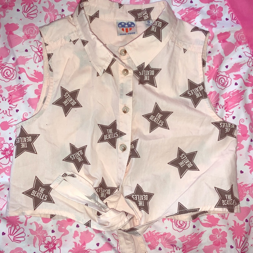 Girl Beatles Star Knot Crop Top Button Tank S 4/5